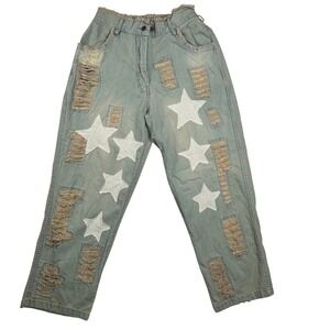Paper Lace Star Patchwork Distressed Jeans Womens Sz Medium Light Blue Cotton